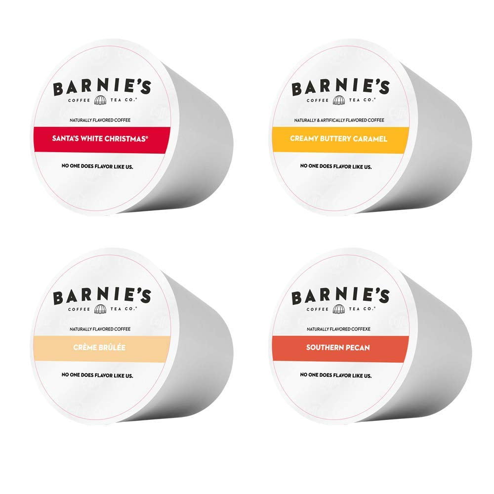 Barnie's Coffee Pods Variety Pack, 32 count, Santa's White Christmas, Southern Pecan, Creamy Buttery Caramel, Crème Brûlée, medium roast, Keurig compatible.