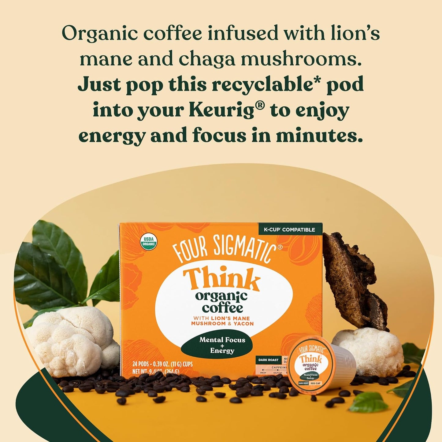 Organic Mushroom Coffee K-Cups, Dark Roast Coffee with Lion’s Mane, Yacon Infused Coffee, Fair Trade Coffee Pods, Immune Support Coffee, Focus Enhancing Coffee