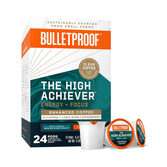 The High Achiever Coffee Pods, Medium-Dark Roast Coffee, Enhanced Coffee with Lion's Mane Mushroom, B Vitamins Coffee, Adaptogens Coffee, Bulletproof Coffee Pods, 24 Count Coffee Pods