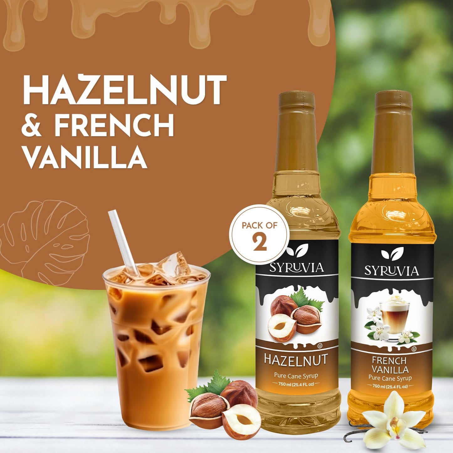 Hazelnut coffee syrup, French vanilla syrup, premium coffee syrups, kosher coffee syrups, gluten-free syrup, Syruvia flavoring syrups