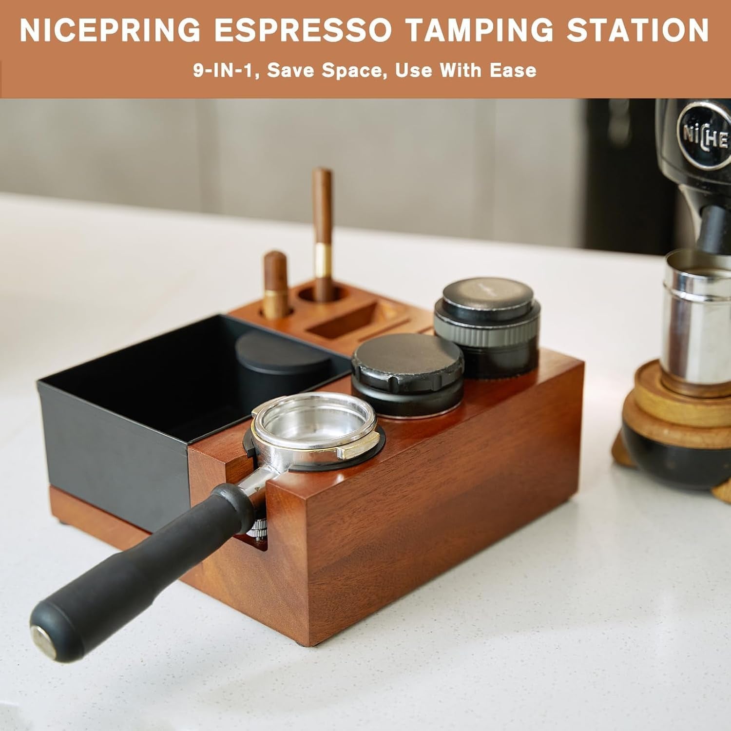 9-in-1 espresso tamping station, espresso knock box organizer, coffee tool organizer, espresso accessories storage, barista tamp station