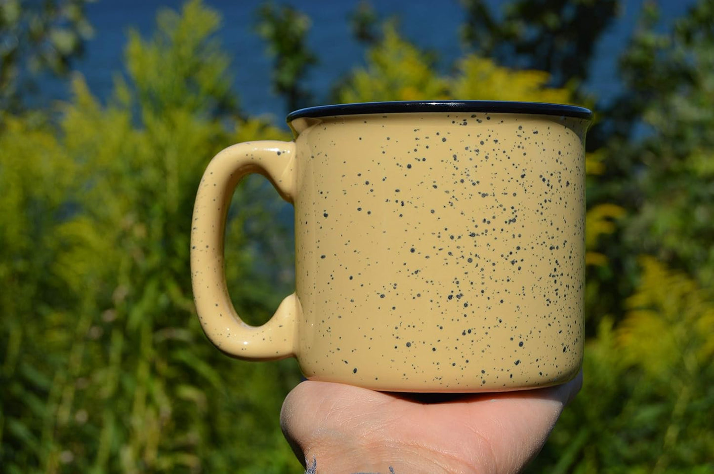 Ceramic campfire coffee mug, 15oz enamel camping mug, cute outdoor camper mug, coffee gift for hikers, Christmas gift mug for campers, durable camping drinkware, enamel mug for outdoor adventures, campfire mug with fun design.