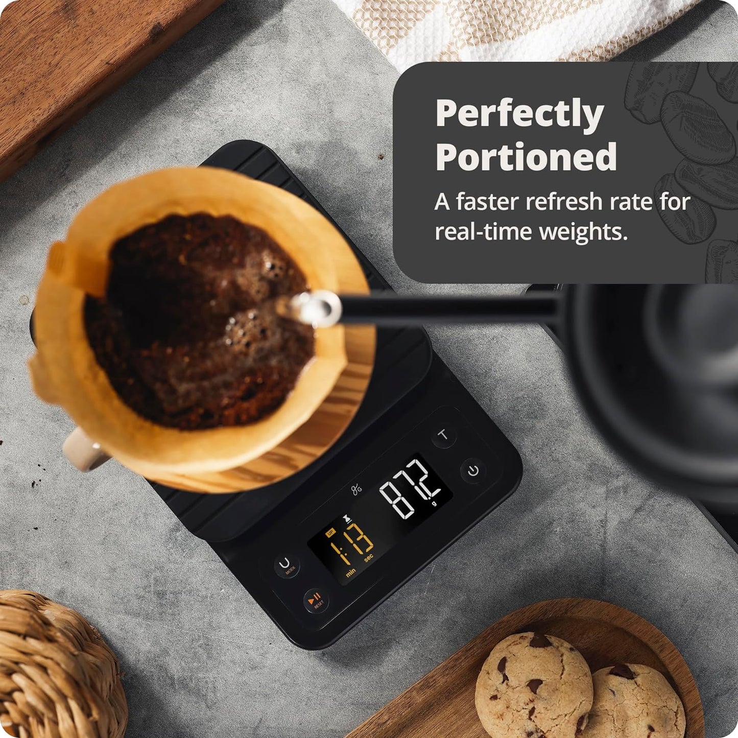 Digital coffee scale with timer in onyx black, perfect for pour-over coffee, featuring real-time refresh, tare function, and spill-proof design.