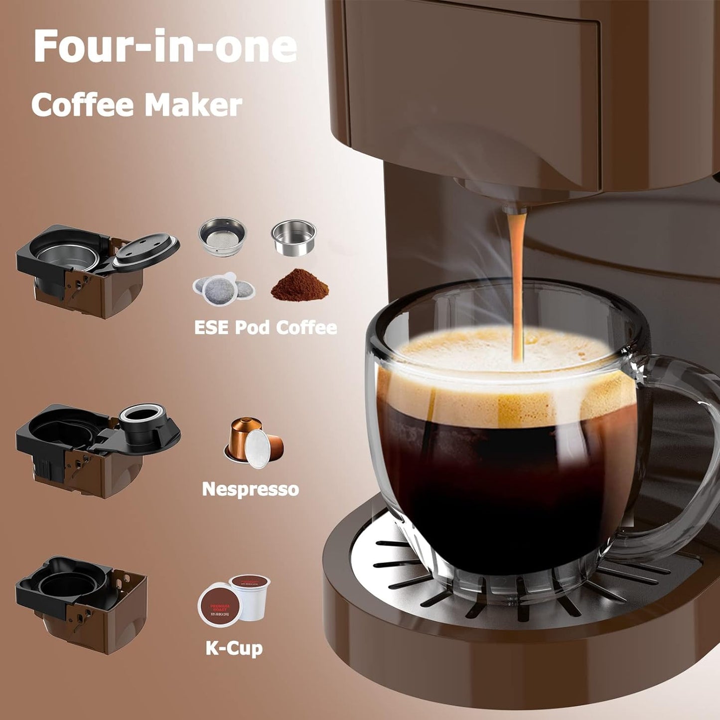 4-in-1 Espresso Machine, Single Serve Coffee Maker, Nespresso Compatible, K-Cup Coffee Machine, Ground Coffee Brewer, Illy ESE Pod Coffee Maker