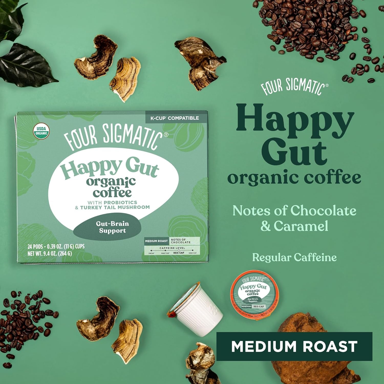 Mushroom Coffee K-Cups, Organic Medium Roast Coffee, Adaptogen Coffee Pods, Low Caffeine Coffee, Four Sigmatic Coffee