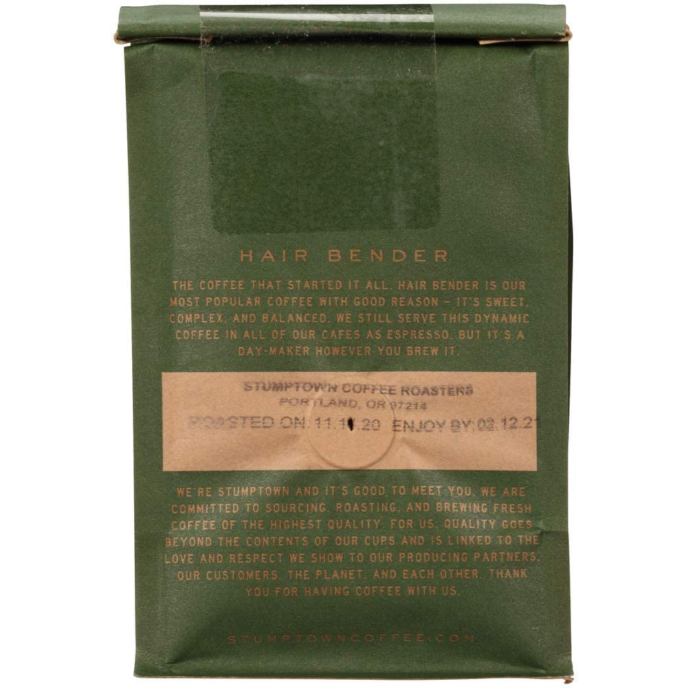 Stumptown Hair Bender Medium Roast Ground Coffee, 12 Oz Bag with flavor notes of citrus, dark chocolate, and raisin.