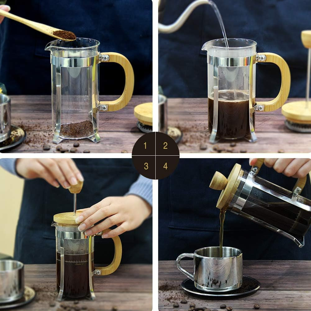 12oz French Press Coffee Maker, Single Cup Espresso Press, Bamboo Handle Coffee Press, Heat Resistant Glass French Press, Small Coffee Maker, Borosilicate Carafe French Press, Durable French Press Coffee Maker