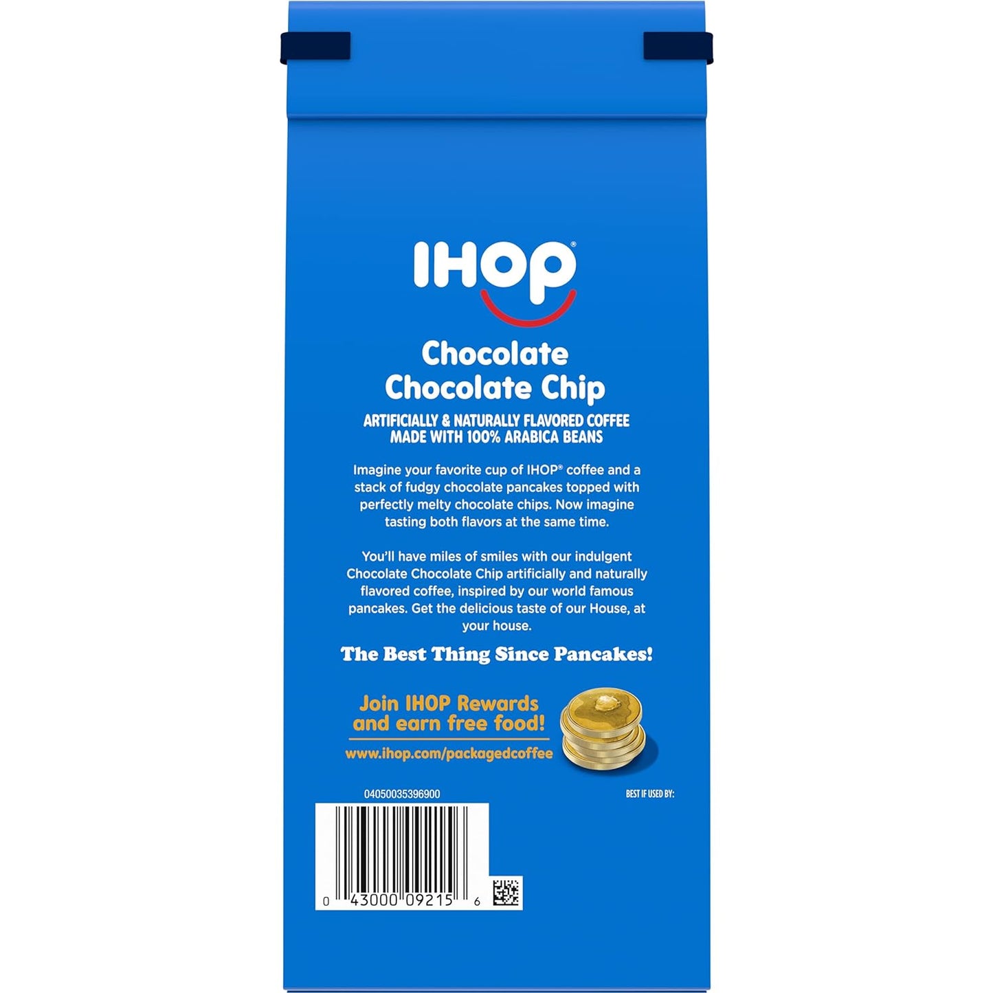 IHOP Chocolate Chocolate Chip flavored ground coffee, 11 oz bag, premium Arabica beans, home brewing, indulgent coffee, kosher certified.