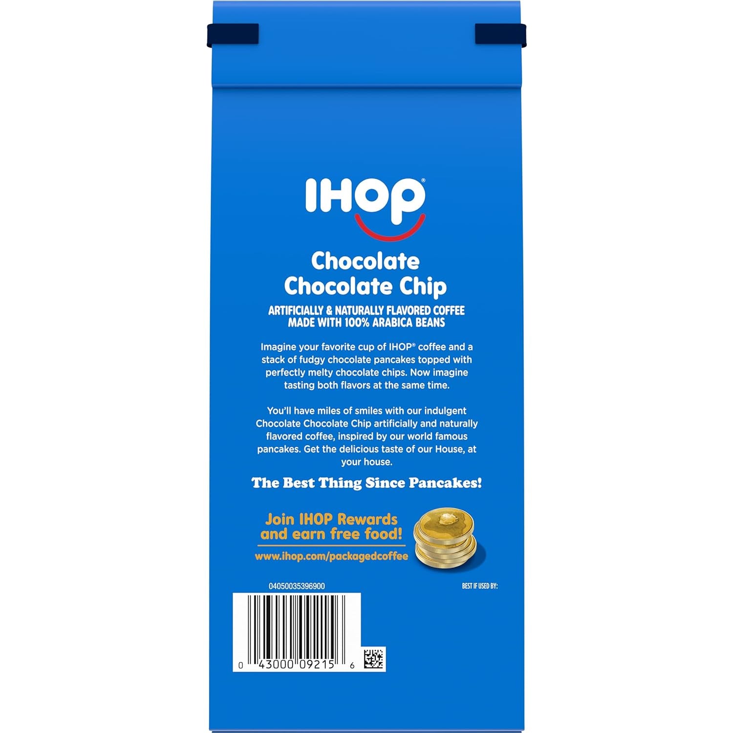 IHOP Chocolate Chocolate Chip flavored ground coffee, 11 oz bag, premium Arabica beans, home brewing, indulgent coffee, kosher certified.