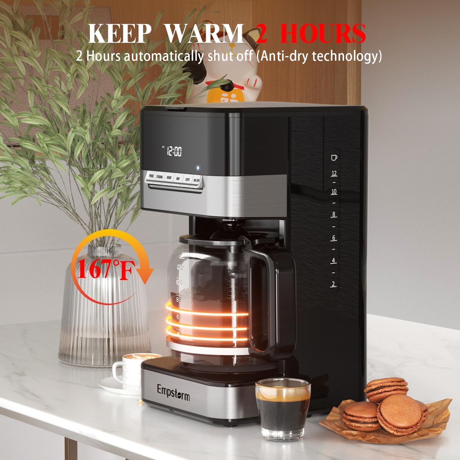 12 cup programmable coffee maker, 1000W coffee machine, fast brew coffee maker, auto shut off coffee maker, 4-hour keep warm coffee maker, anti-drip coffee machine