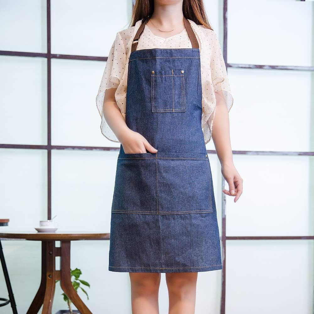 Unisex Denim Apron, Adjustable Barista Apron, Multi Pocket Apron, Sky Blue Apron