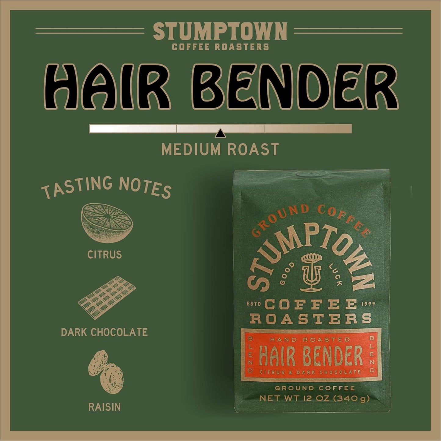 Stumptown Hair Bender Medium Roast Ground Coffee, 12 Oz Bag with flavor notes of citrus, dark chocolate, and raisin.