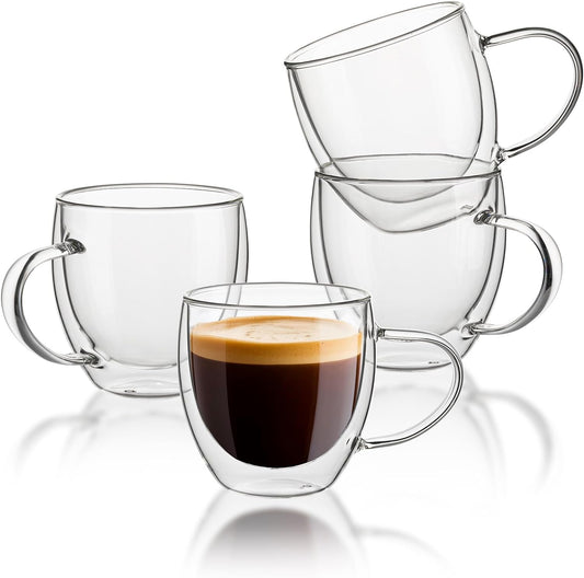 Set of 4 double wall glass espresso cups, 5 oz capacity, insulated glass coffee cups with handle, stackable design, clear borosilicate glass, microwave and dishwasher safe