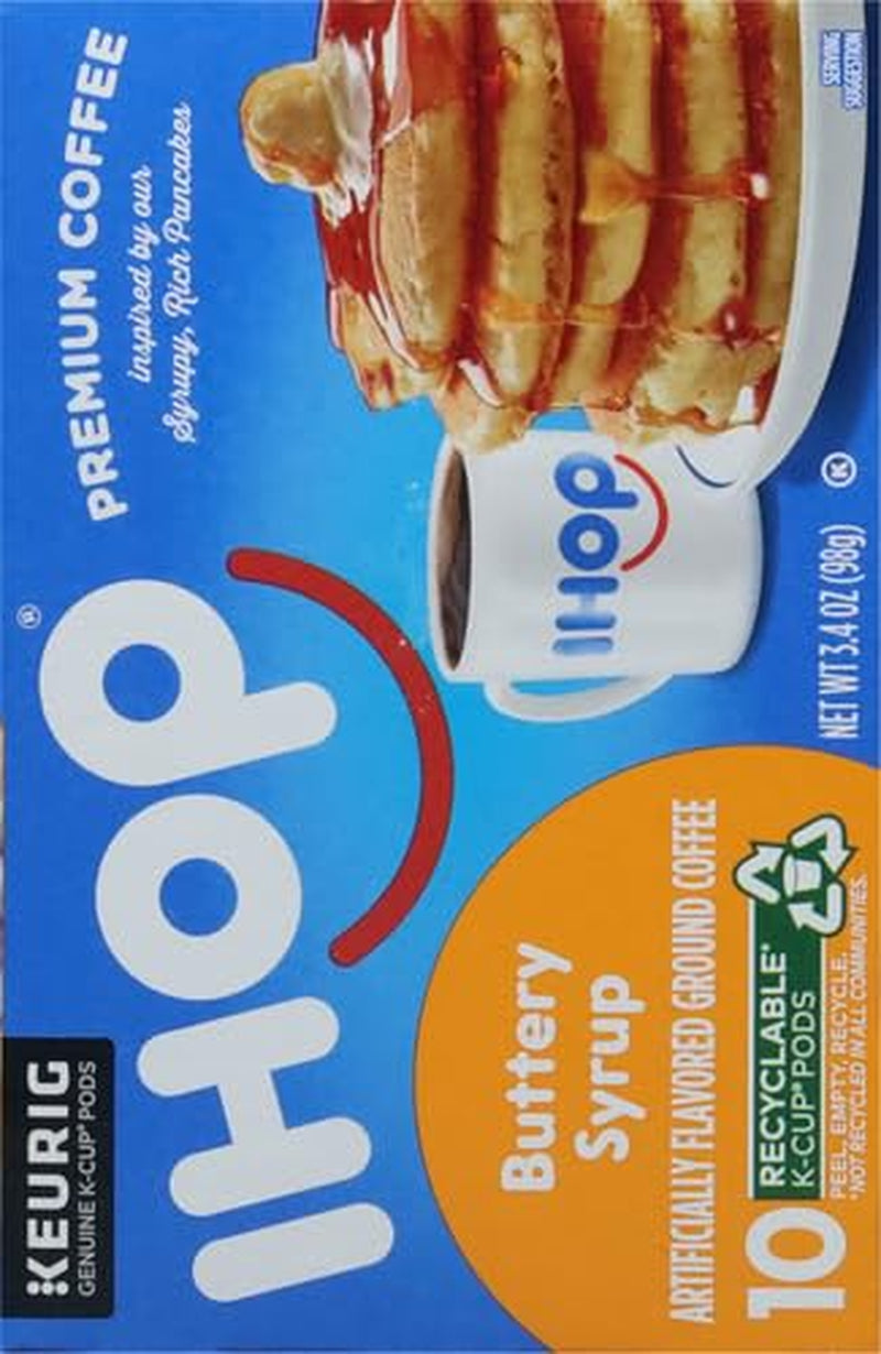 IHOP Buttery Syrup Keurig K-Cup Coffee Pods, IHOP coffee pods 10 count box, buttery syrup flavored coffee pods, IHOP syrup coffee, recyclable coffee pods, premium Arabica coffee pods, IHOP pancake inspired coffee, single-serve Keurig coffee pods, Kosher certified coffee pods, IHOP menu-inspired coffee