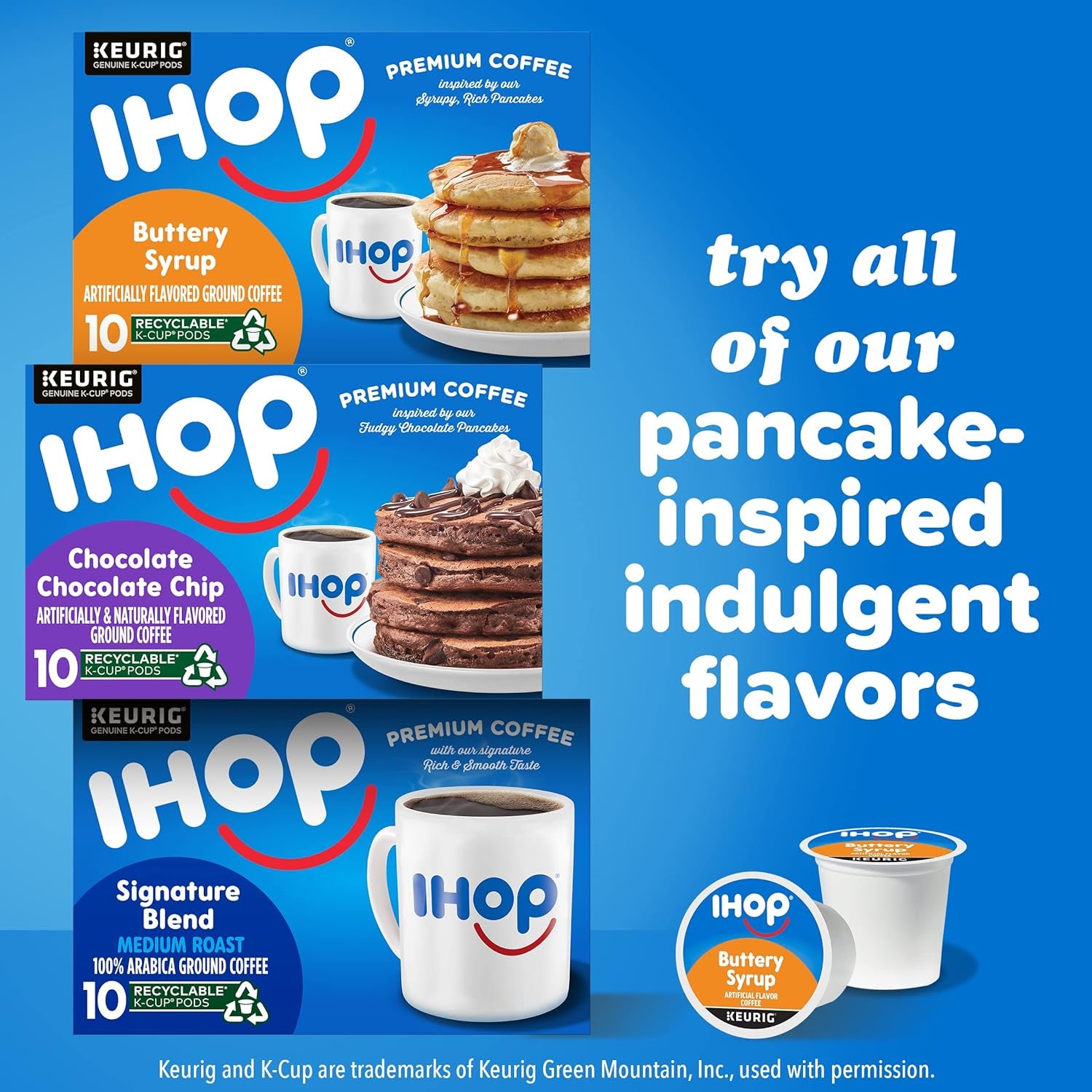 IHOP Buttery Syrup Keurig K-Cup Coffee Pods, IHOP coffee pods 10 count box, buttery syrup flavored coffee pods, IHOP syrup coffee, recyclable coffee pods, premium Arabica coffee pods, IHOP pancake inspired coffee, single-serve Keurig coffee pods, Kosher certified coffee pods, IHOP menu-inspired coffee