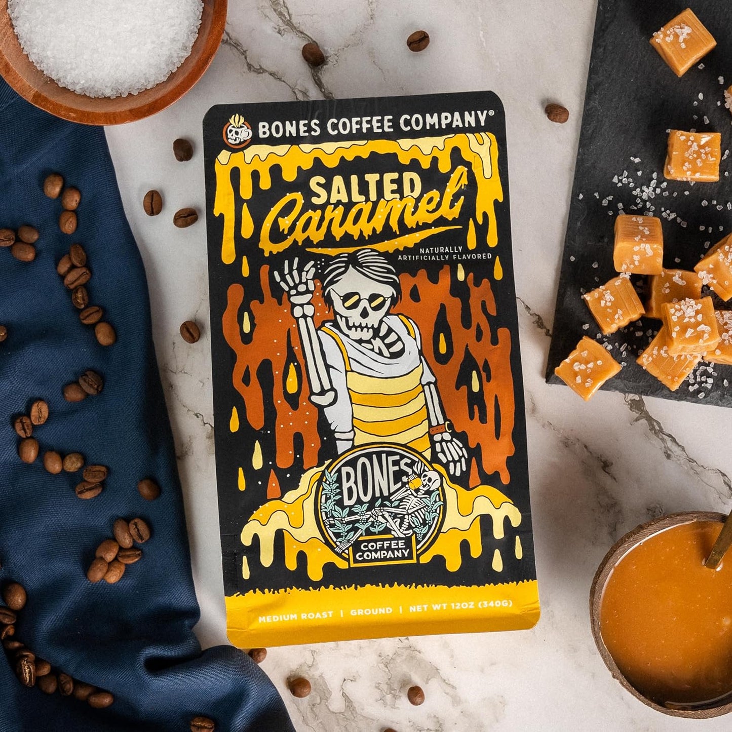 Salted Caramel Flavored Ground Coffee, medium roast, sweet and salty flavor, 12 oz bag, low acid, vegan and keto friendly, Bones Coffee Company.