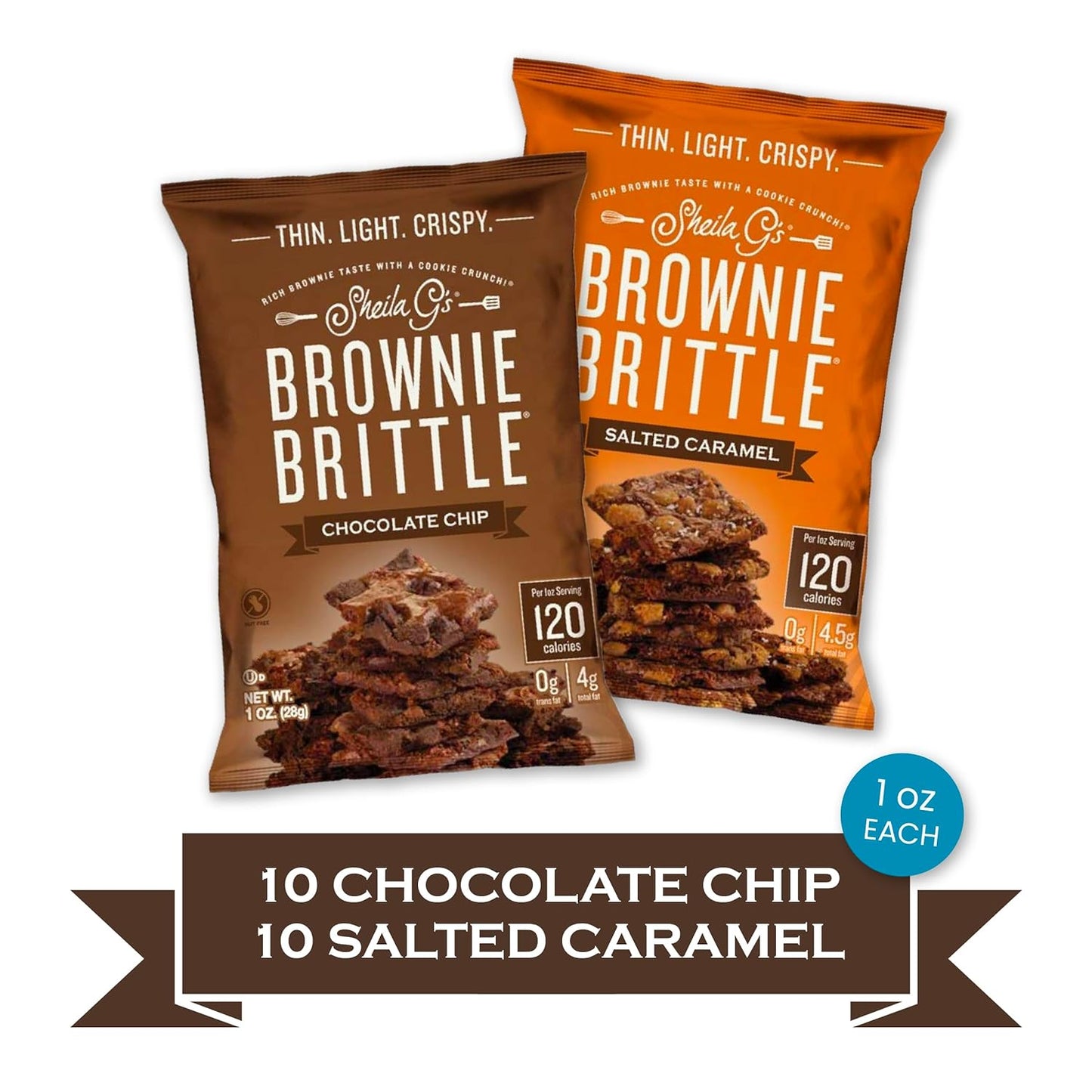 Brownie Brittle variety pack, chocolate chip and salted caramel snack, Sheila G's Brownie Brittle, 1 oz snack packs, gourmet brownie bites