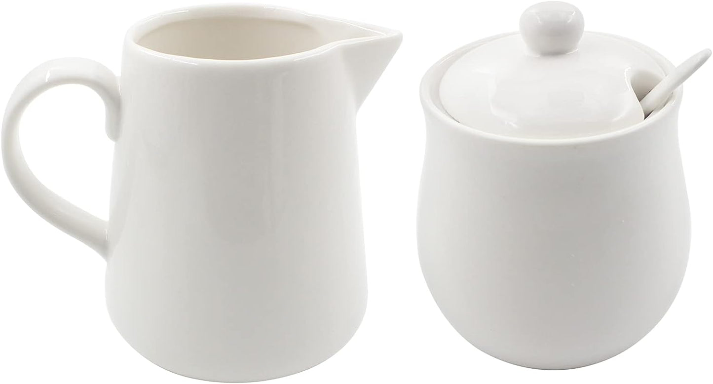 11 Oz Cream Ceramic Cream and Sugar Set with Lid and Spoon, Coffee Serving Set, Ceramic Sugar Bowl, Cream Jug