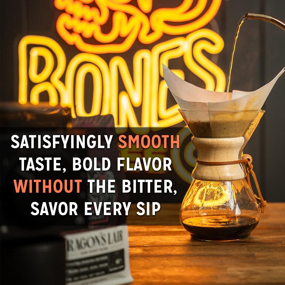 Salted Caramel Flavored Ground Coffee, medium roast, sweet and salty flavor, 12 oz bag, low acid, vegan and keto friendly, Bones Coffee Company.