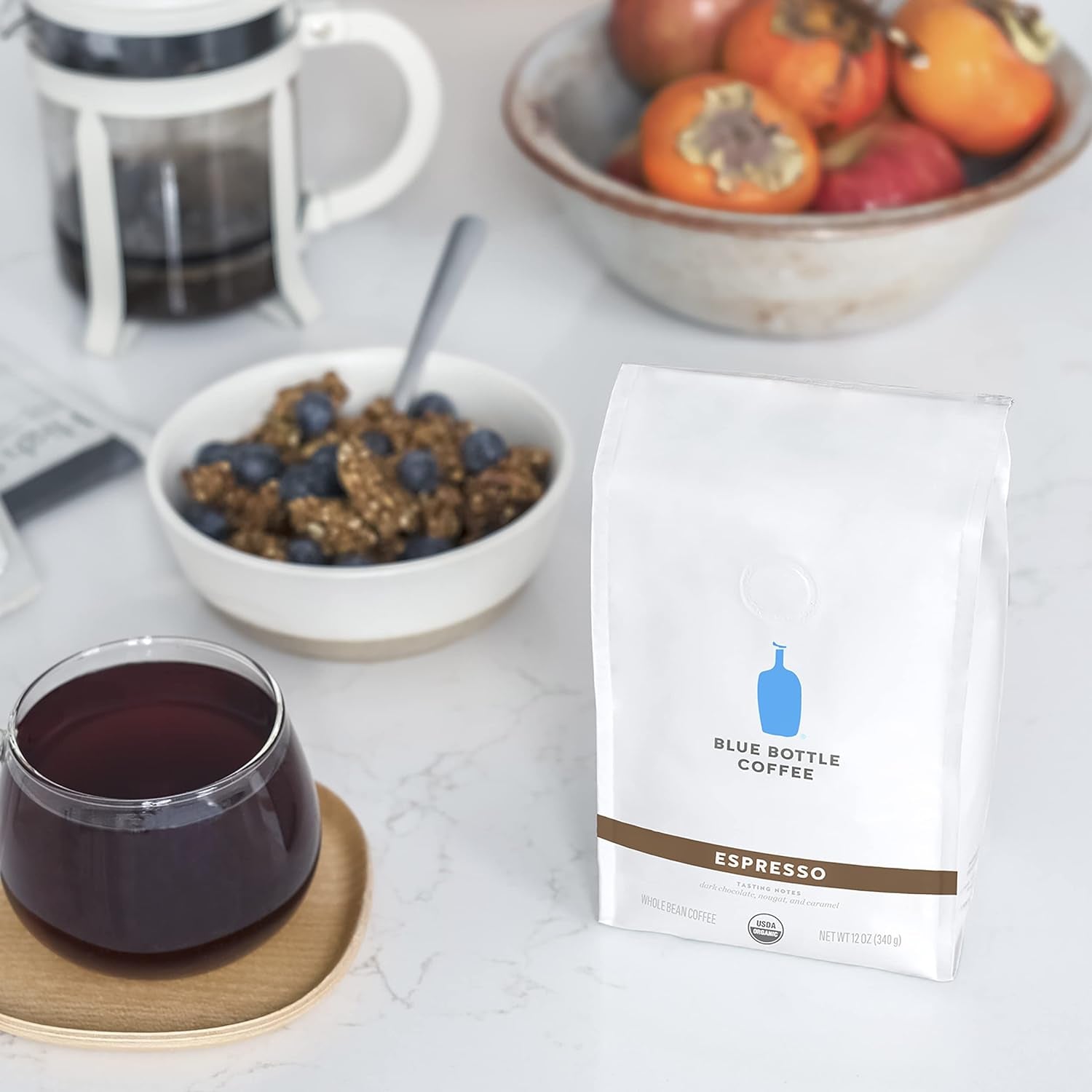 Blue Bottle whole bean organic espresso coffee, dark roast coffee beans, 12 oz coffee bag, rich espresso blend, organic whole bean coffee, specialty espresso coffee, chocolatey espresso flavor, Blue Bottle Coffee dark roast