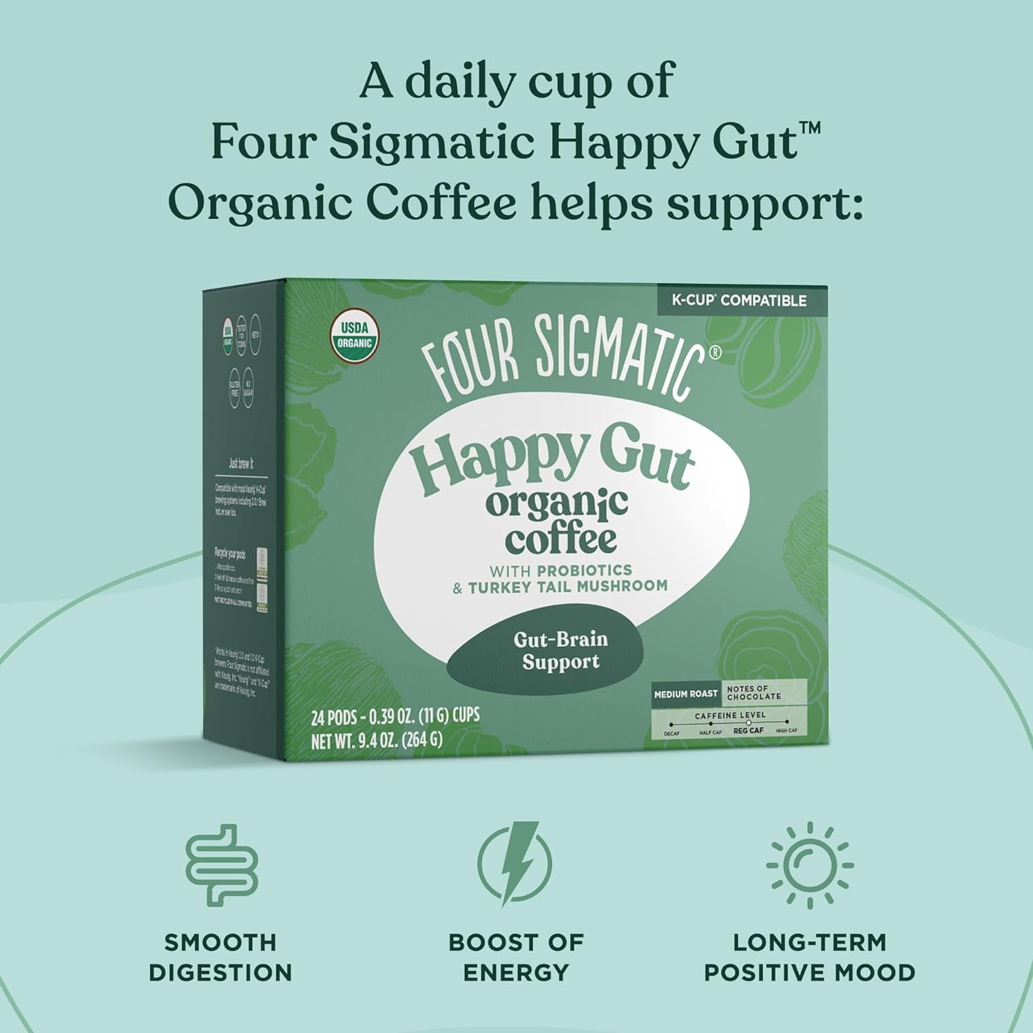 Mushroom Coffee K-Cups, Organic Medium Roast Coffee, Adaptogen Coffee Pods, Low Caffeine Coffee, Four Sigmatic Coffee