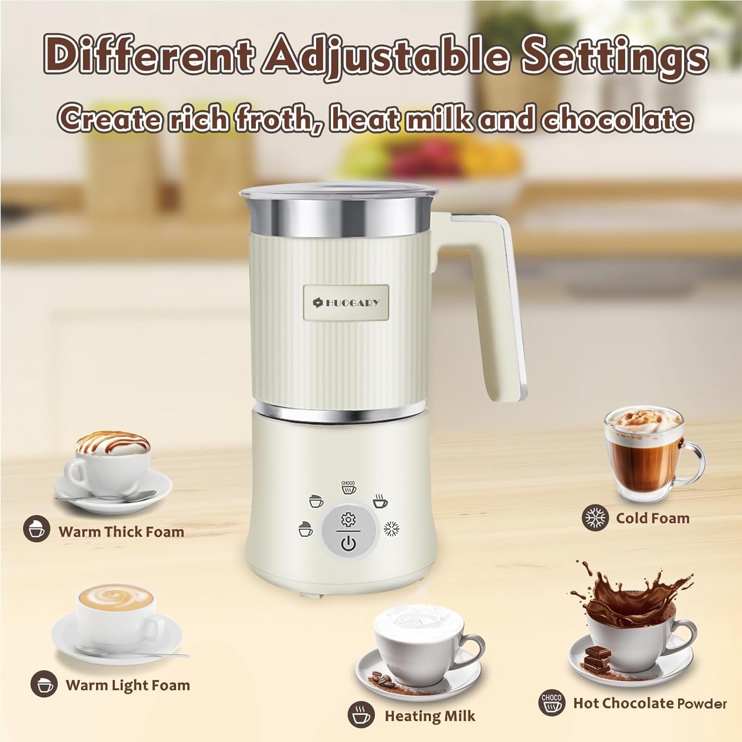 Detachable electric milk frother, 5-in-1 milk steamer, 10.1 oz milk frother, stainless steel milk foamer, hot and cold milk frother, automatic milk frother, Huogary milk frother, dishwasher safe milk frother, large capacity milk foamer, magnetic centrifuge milk frother