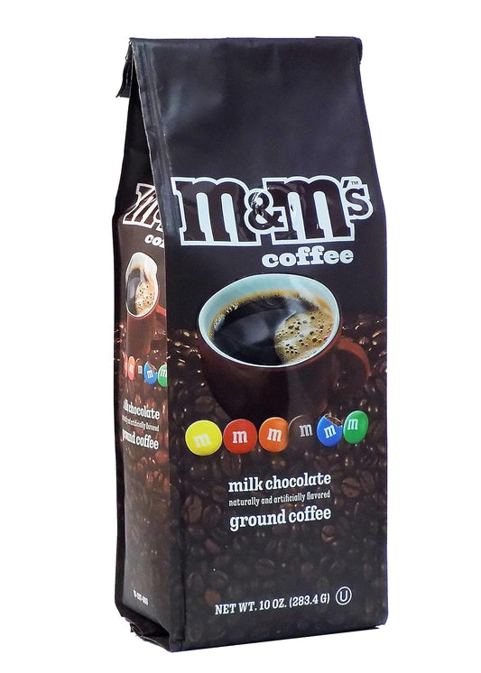 M&M flavored coffee, milk chocolate coffee, medium roast coffee, flavored ground coffee, 10 oz coffee bag, gourmet coffee blend, candy flavored coffee, premium ground coffee.