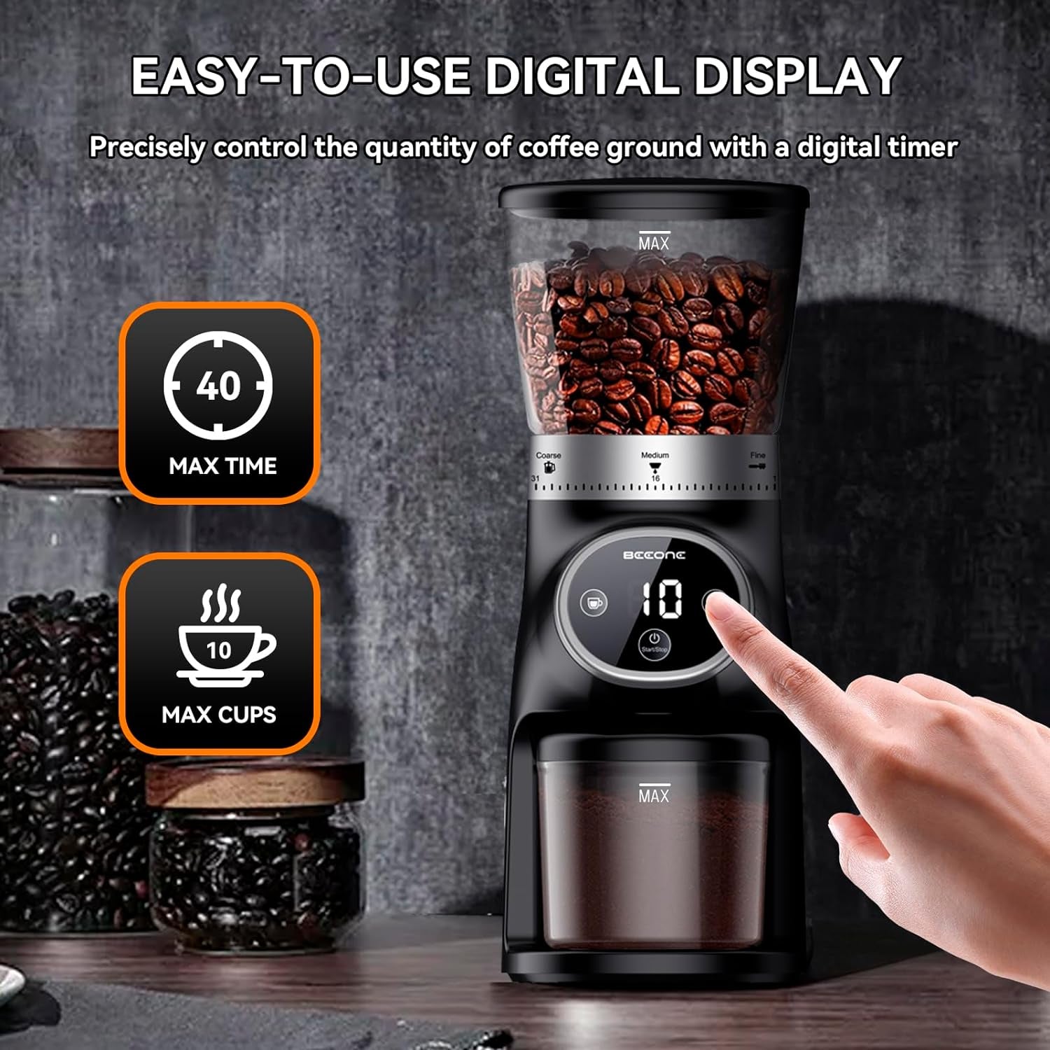 Beeone Conical Burr Coffee Grinder, Digital Control Coffee Grinder, Stainless Steel Burr Grinder, Espresso Coffee Grinder, Adjustable Coffee Grinder, Low-Speed Coffee Grinder, Easy to Clean Coffee Grinder, Coffee Grinder with 31 Settings, Durable Coffee Grinder, Premium Coffee Grinder