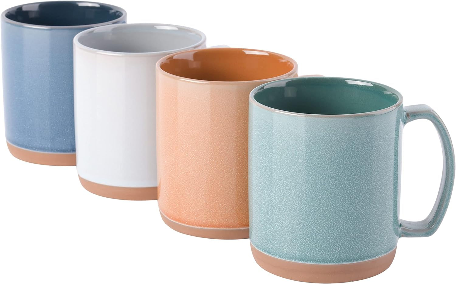 Set of 4 large 18.5 oz stoneware mugs with reactive glaze in assorted colors, dishwasher and microwave safe, modern design