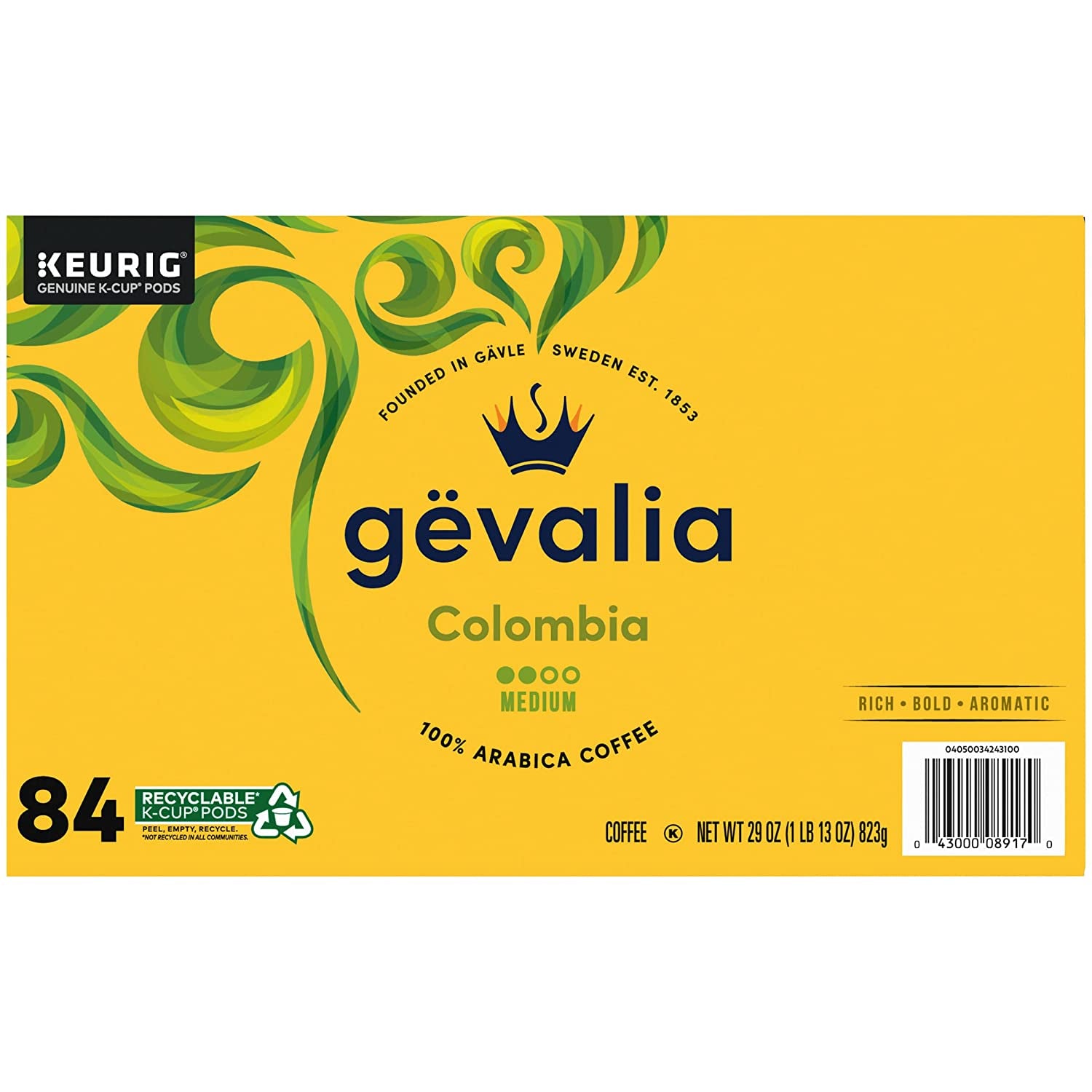 Box of 84 Gevalia Colombia K-Cup coffee pods, keto and low carb friendly, compatible with Keurig brewers, featuring 100% Arabica beans.