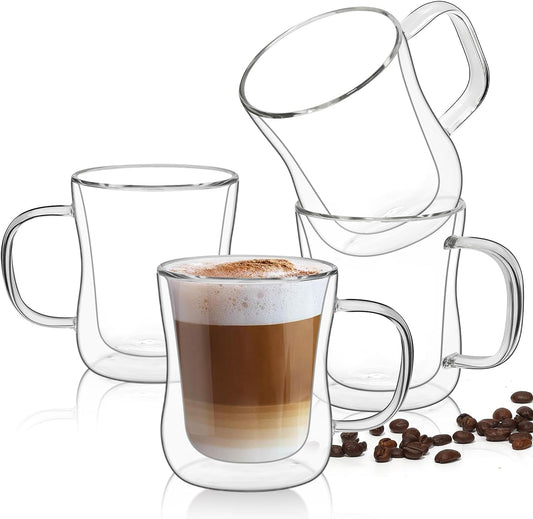 Set of 4 double-walled glass coffee mugs, each holding 8 oz, showcasing the insulated borosilicate glass design with a large handle, perfect for hot or cold beverages.