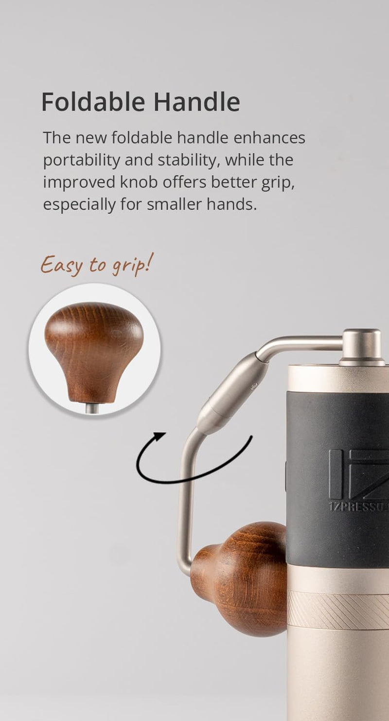 Manual coffee grinder, Stainless steel conical burr grinder, Portable manual coffee grinder, Foldable handle coffee grinder, Consistent grind manual coffee grinder, Easy to clean coffee grinder, 1Zpresso J grinder, Specialty coffee grinder, Compact coffee grinder, 48mm stainless steel burr grinder