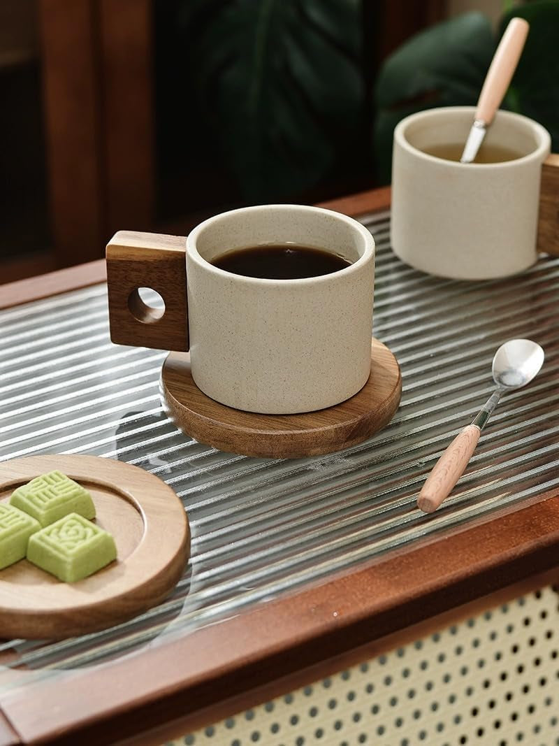 Ceramic coffee mug with wooden handle, espresso cup with acacia wooden saucer, unglazed porcelain coffee mug, natural earthy finish coffee cup, cappuccino mug set, latte cup with wooden saucer, premium ceramic coffee cup, coffee lover gift set.