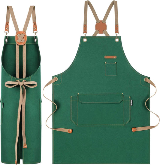 Barista Apron, Cross Back Straps, Cotton Canvas, Multi Pockets, Green Apron, Waterproof Apron