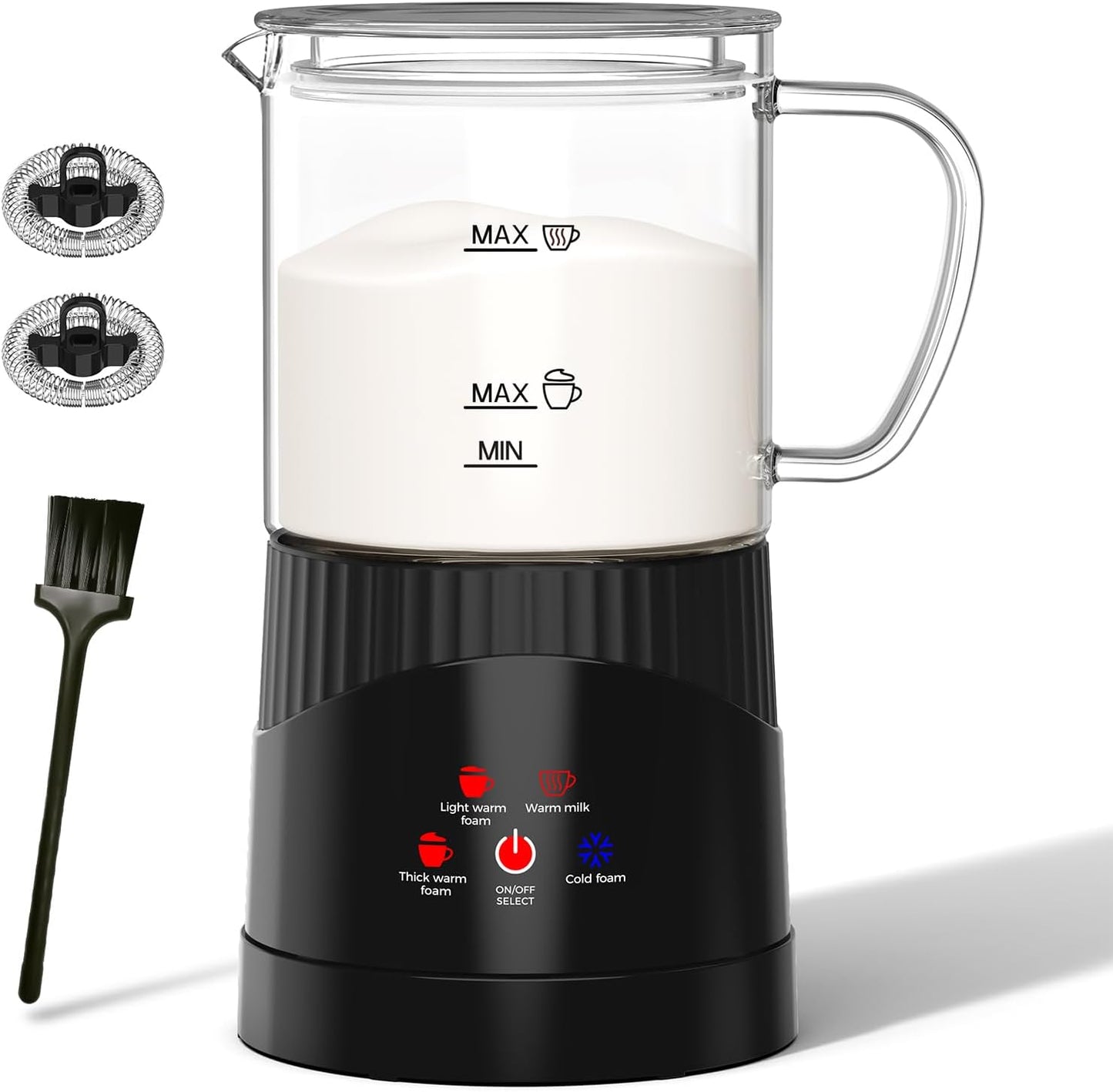  4-in-1 Electric Milk Frother, 14Oz, Warm and Cold Foam Maker, Transparent Glass, Quiet Operation