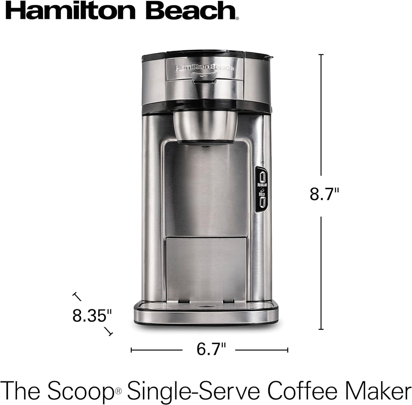 The Scoop Single Serve Coffee Maker, Fast Grounds Brewer, 8-14oz Cups, Stainless Steel Coffee Maker