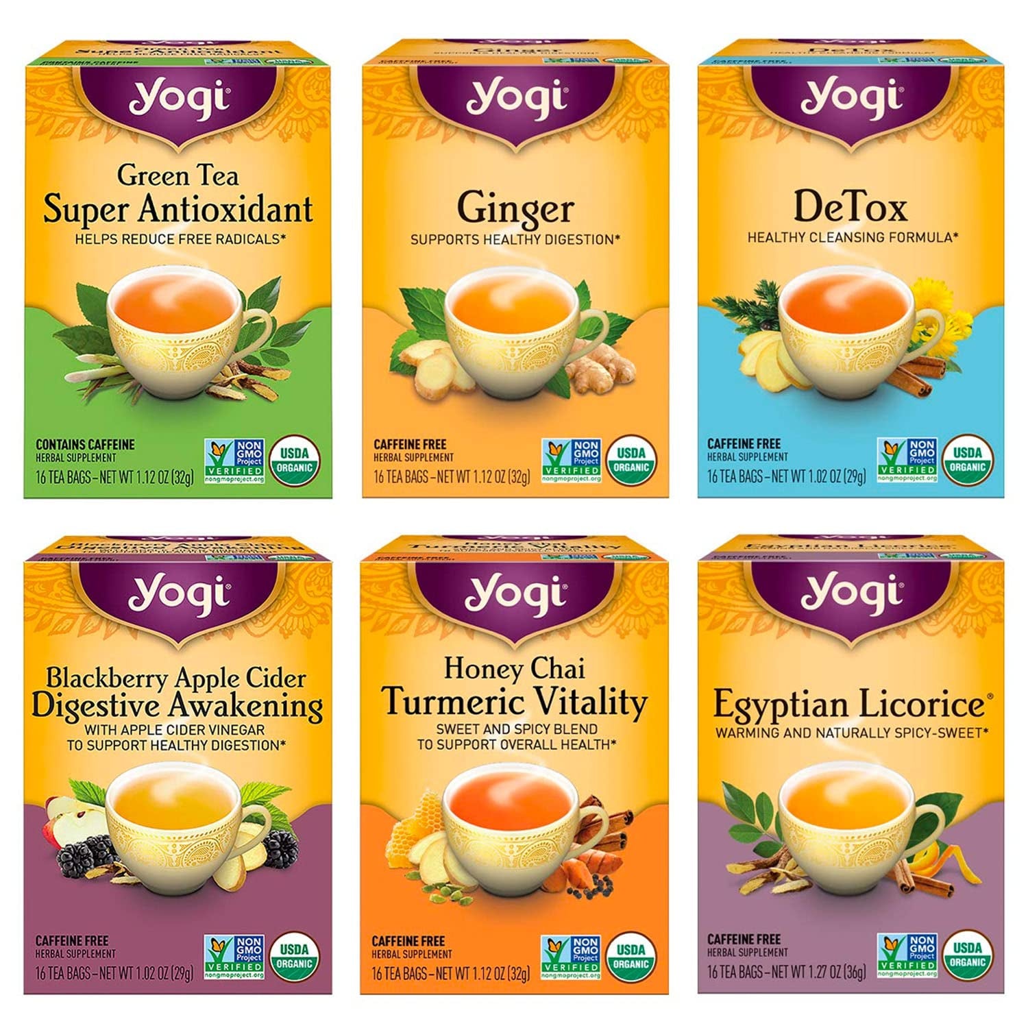 Yogi Digestion and Detox Tea Variety Pack, 16 Tea Bags, 6 Packs, Organic Vegan NON-GMO