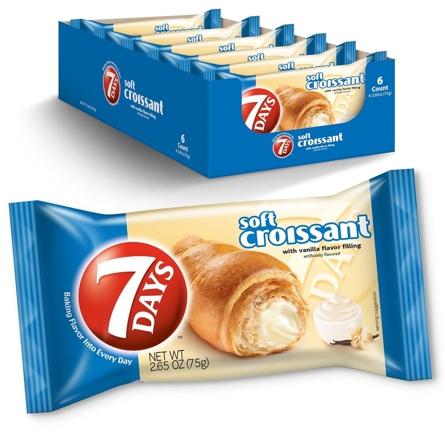 7Days vanilla croissant, individually wrapped pastry, non-GMO breakfast snack, 2.65 oz pack of 6