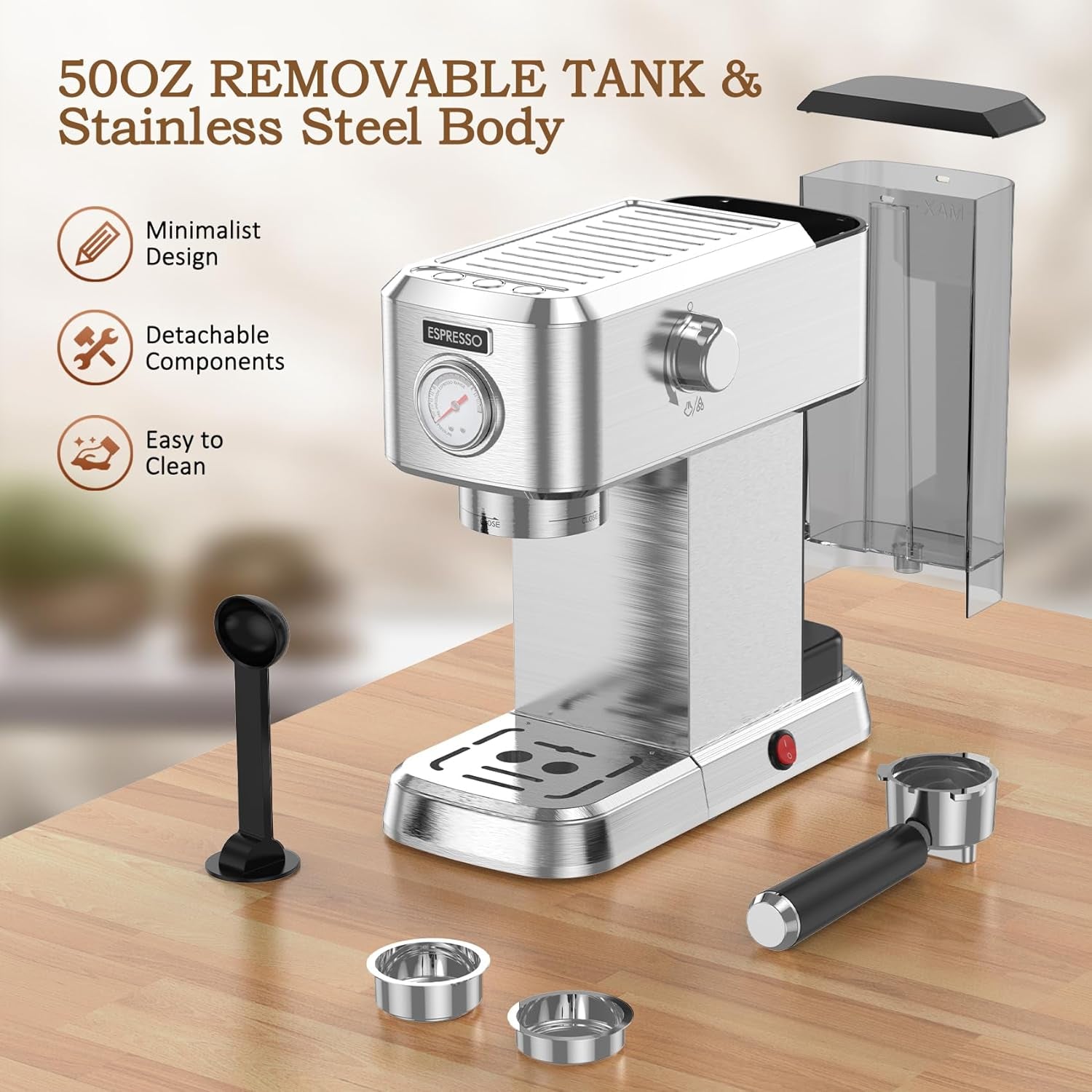 Espresso Machine, 20 Bar Espresso Maker, Milk Frother Steam Wand, Stainless Steel, 50Oz Water Tank, Home Coffee Machine, Cappuccino Latte Maker