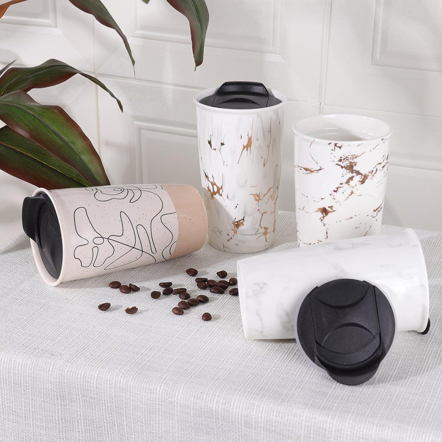 flower pattern ceramic mug, double wall coffee mug, insulated travel mug, 11 oz ceramic tumbler, speckled beige coffee mug, lead-free ceramic mug, BPA-free lid coffee cup, floral design travel mug, dishwasher safe ceramic mug