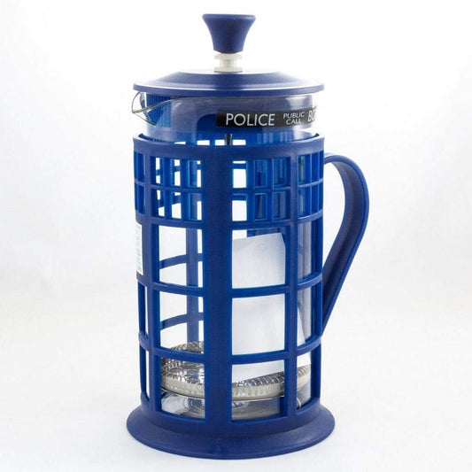 34 oz TARDIS French Press with glass carafe, plunger, and filter inspired by Doctor Who