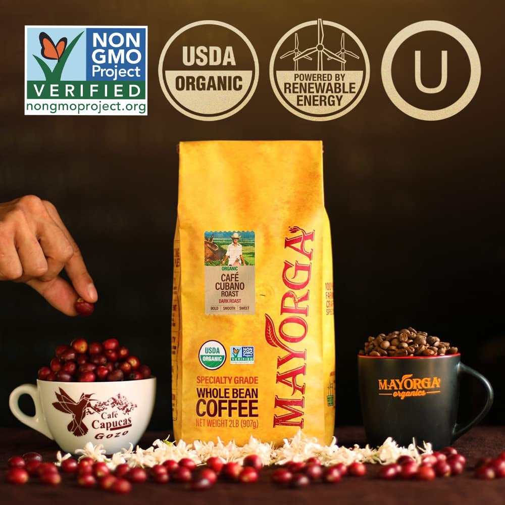 Organic cubano roast dark coffee, whole bean coffee 2lbs bag, Mayorga cuban-style dark roast, USDA organic coffee, non-GMO whole bean coffee, direct trade kosher coffee, specialty grade Arabica coffee beans, smooth dark roast coffee, low-acid Cuban coffee.