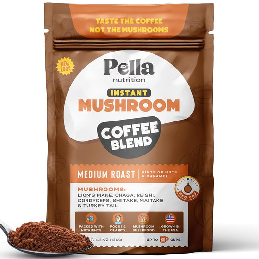 Organic Mushroom Instant Coffee, 7 Superfood Mushrooms, Lions Mane, Reishi, Chaga, Cordyceps, Shiitake, Maitake, Turkey Tail, 60 Servings, Great Taste