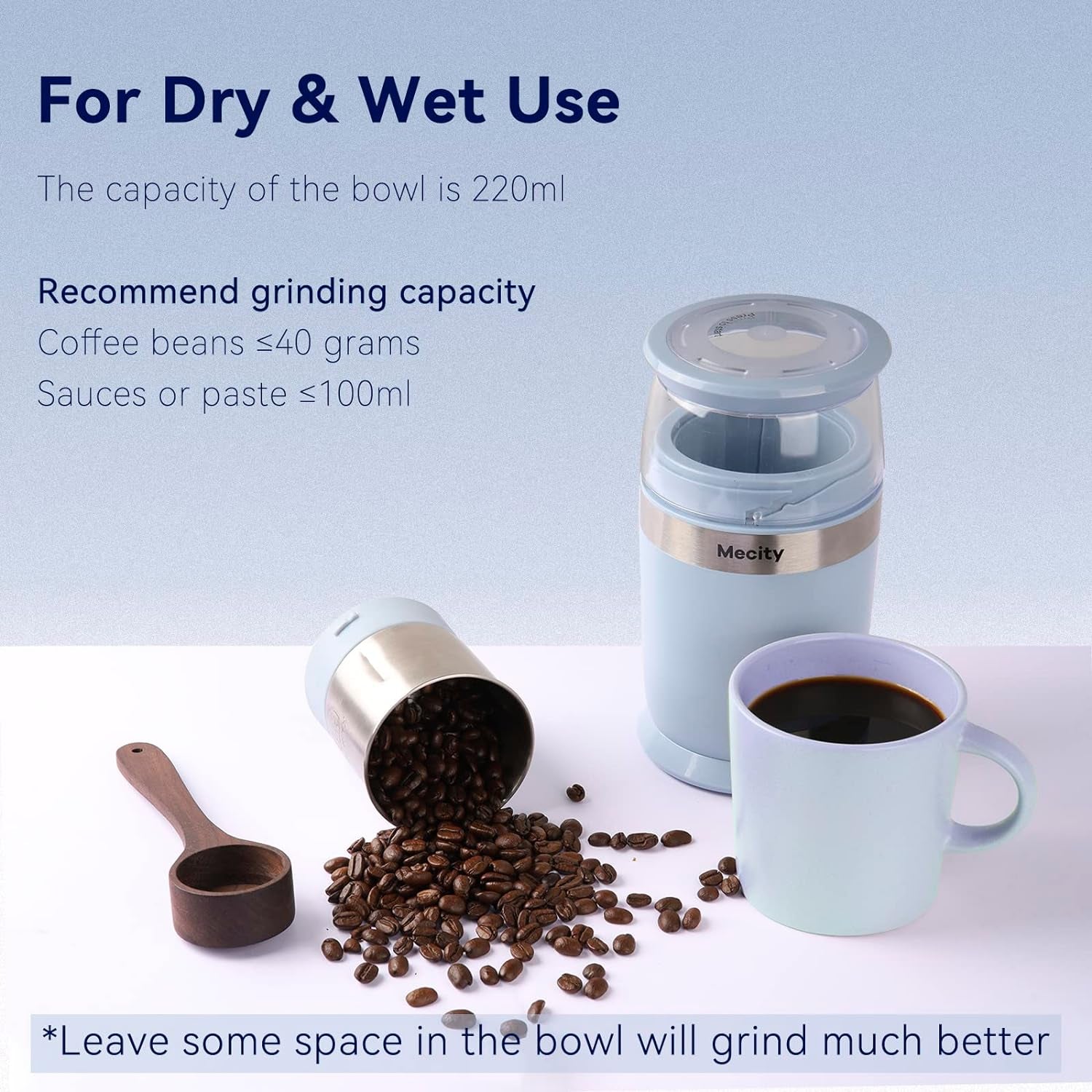 Electric coffee grinder with stainless steel bowl, 6-blade coffee grinder, fast coffee grinder, versatile coffee grinder for spices, safe coffee grinder with auto shut-off, easy cleanup coffee grinder, compact coffee grinder with cord storage