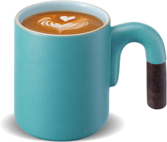 Artistic ceramic coffee mug, wood handle latte cup, matte blue ceramic mug, vintage tea mug gift, 14 oz coffee mug, hand-sprayed coffee cup, coffee lover gift, ceramic latte cup with wood handle, unique coffee gift, stylish blue coffee mug.