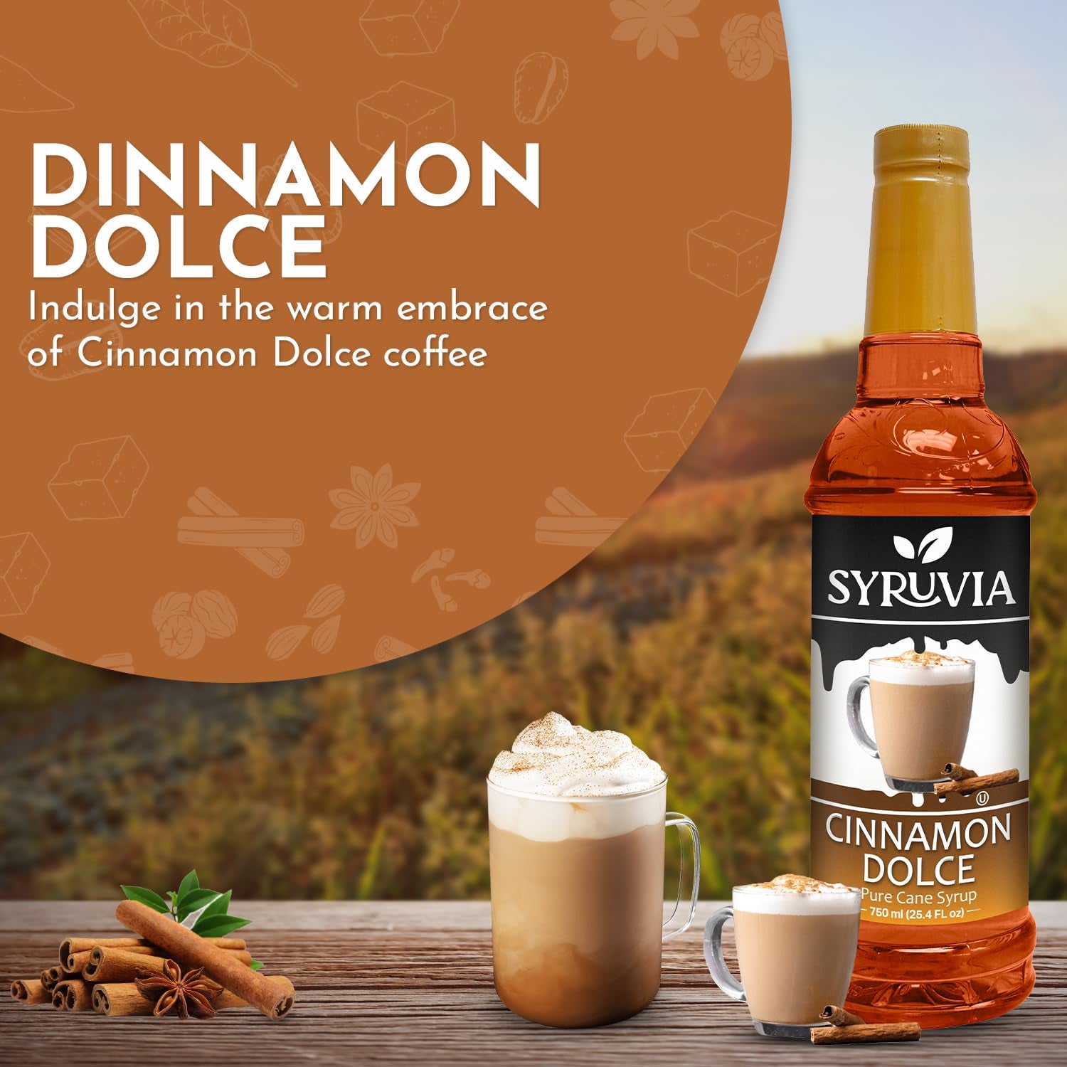 Cinnamon Dolce coffee syrup, Syruvia coffee syrup, 25.4 oz syrup, coffee flavoring syrup, premium coffee syrup