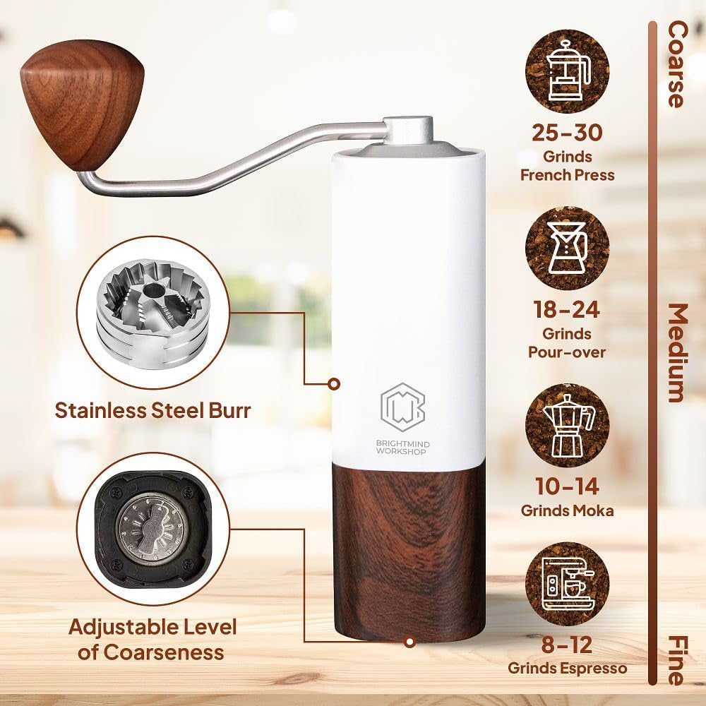 manual coffee grinder, stainless steel conical burr, portable coffee grinder, adjustable grind size, ergonomic design coffee grinder, compact hand coffee grinder, durable coffee grinder, easy to clean coffee grinder, travel coffee grinder, BrightMind Workshop coffee grinder, white and wood coffee grinder