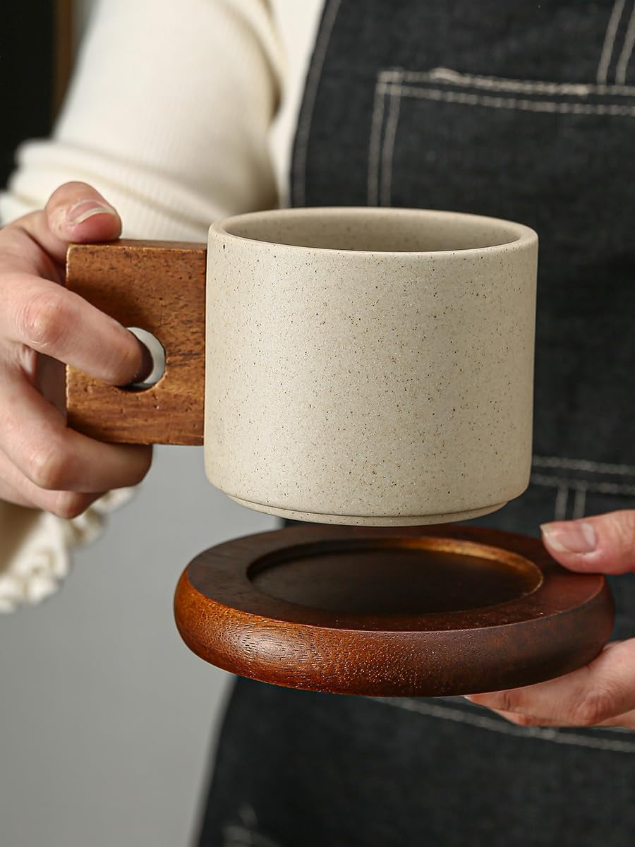 Ceramic coffee mug with wooden handle, espresso cup with acacia wooden saucer, unglazed porcelain coffee mug, natural earthy finish coffee cup, cappuccino mug set, latte cup with wooden saucer, premium ceramic coffee cup, coffee lover gift set.