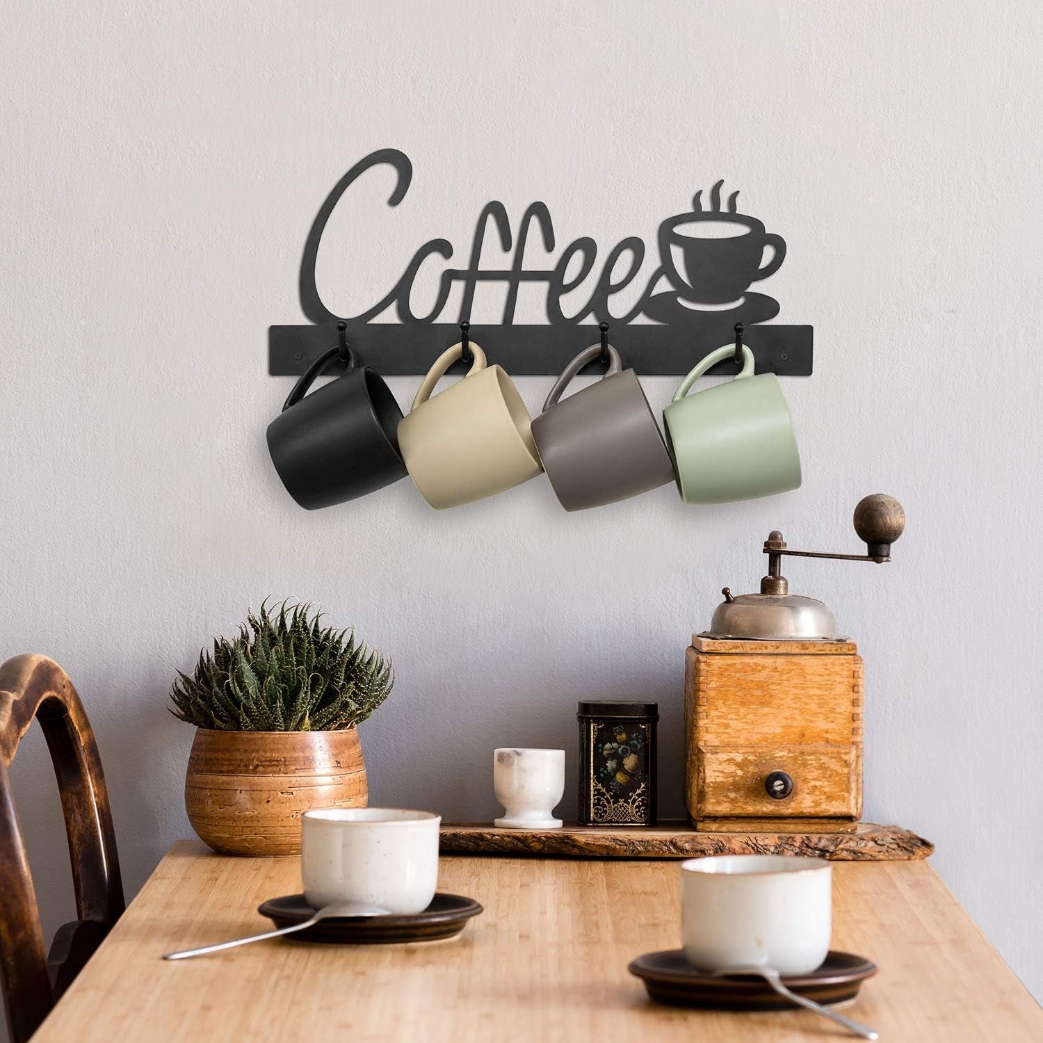 black metal coffee mug rack, wall mounted coffee mug holder, coffee sign with hooks, coffee cup holder, kitchen mug organizer, coffee station decor, rustic coffee rack, coffee mug storage, metal coffee rack, wall mounted mug holder