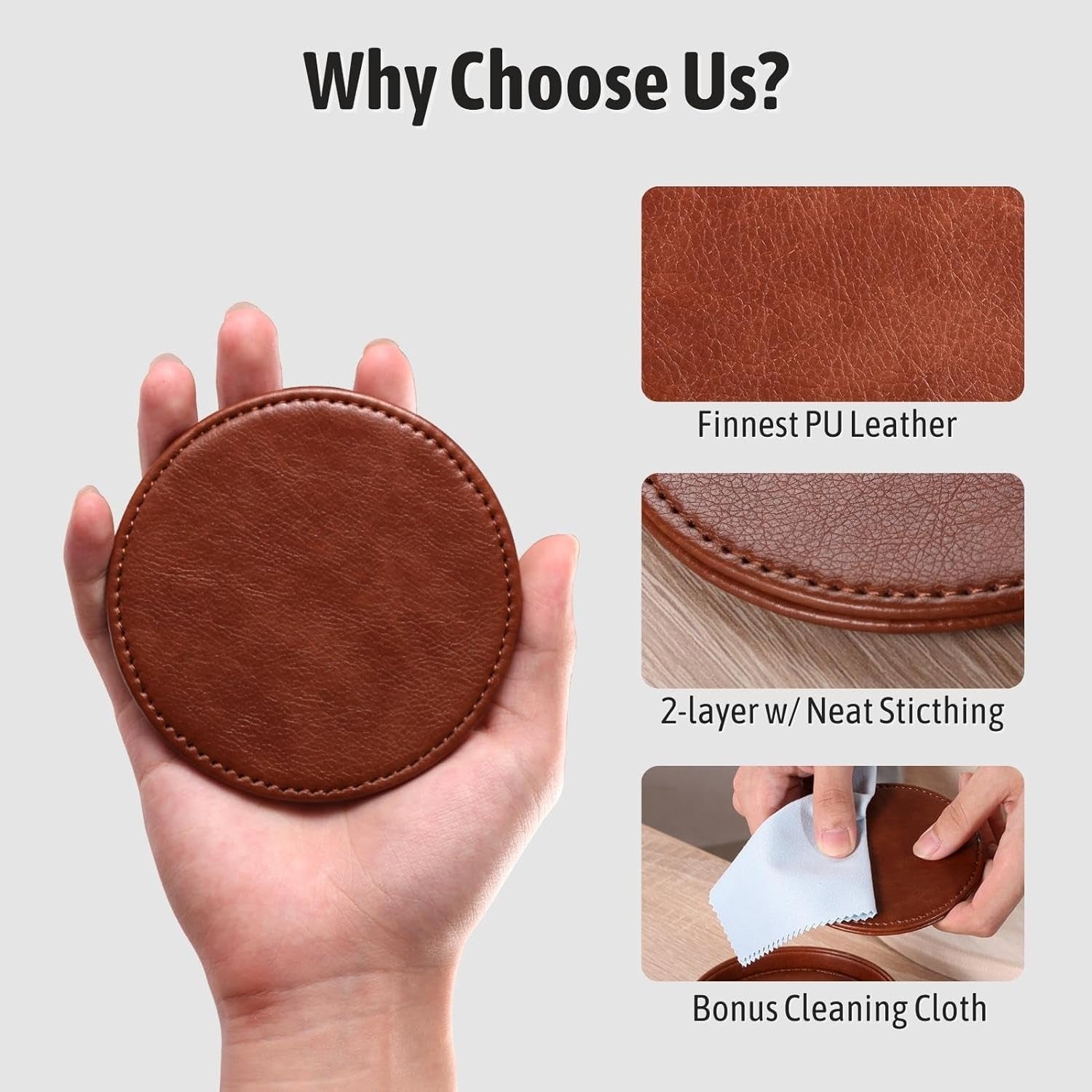 Leather Drink Coasters with Holder, 4 Inch Brown Coasters for Drinks, Elegant Home Decor Coasters, Handmade Housewarming Gift